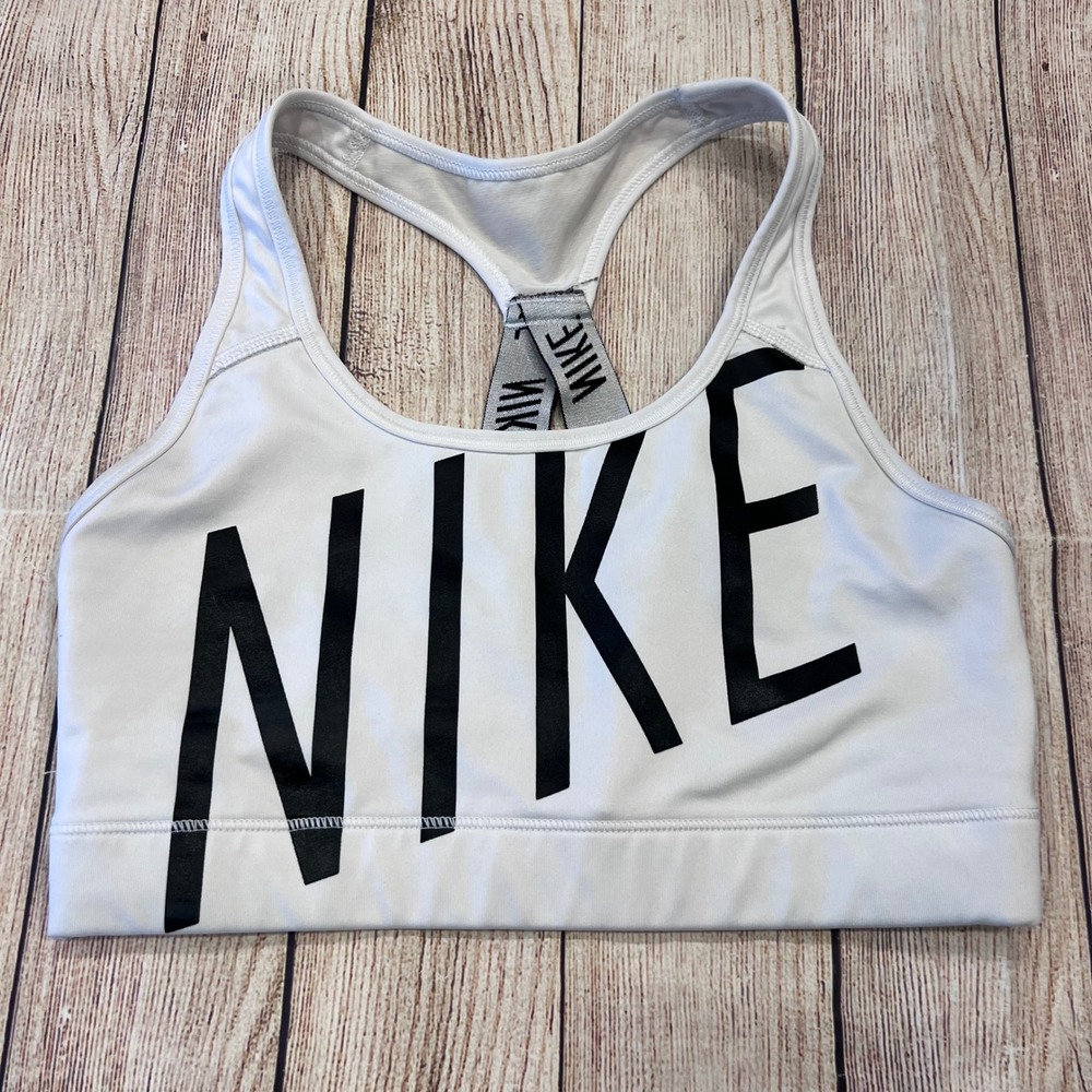 Nike Dri-FIT Womens Sports Bra White Black Logo Racerback Medium Support M